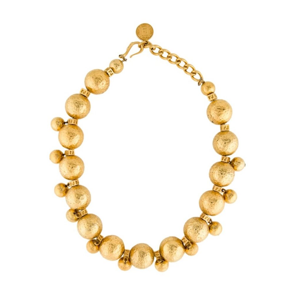 Fendi Vintage Italy Gold Plated Metal FF Logo Bead Collar‎ Necklace Adjustable - Picture 2 of 8